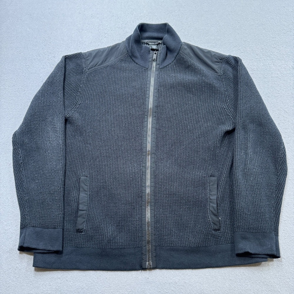 Calvin Klein Jeans Sweater Men's 2XL Gray Waffle Knit Mockneck Full Zip Outdoor